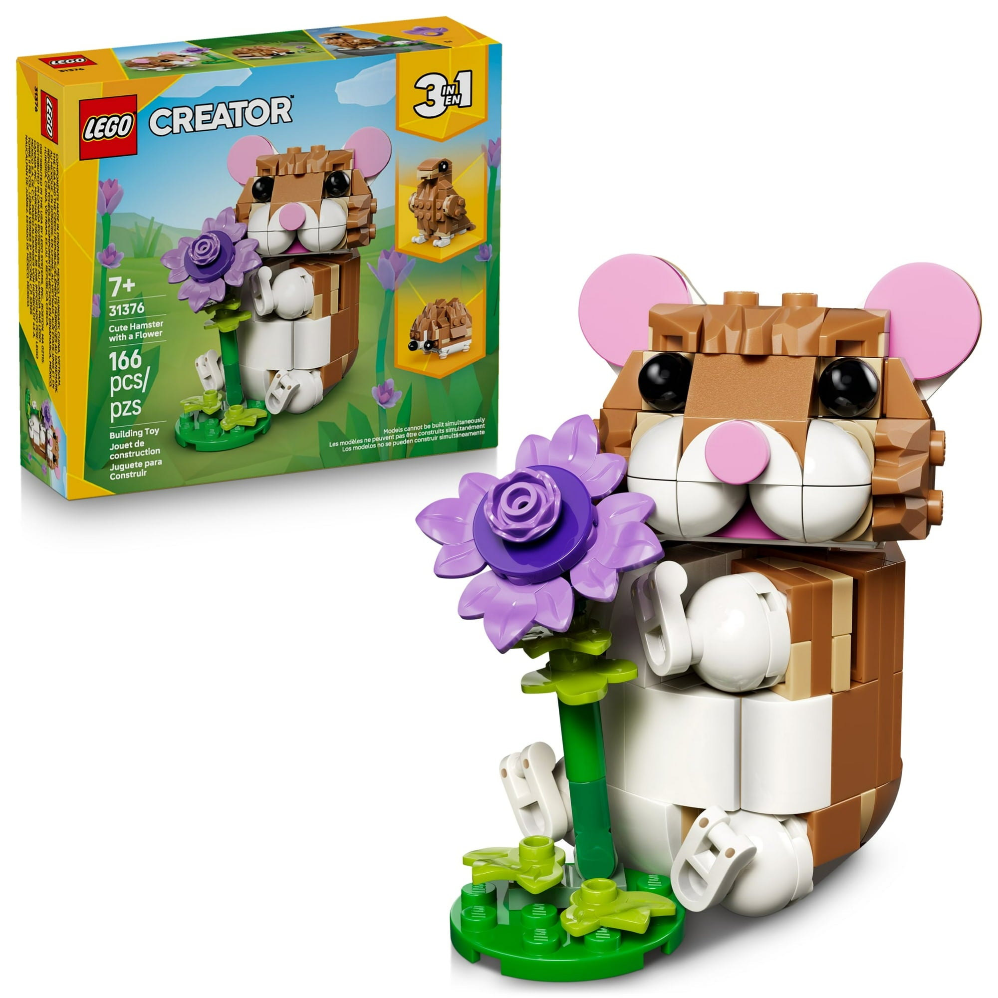 LEGO Creator 3 in 1 Cute Hamster with a Flower - Building Toy for Girls & Boys, Ages 7+ - Birthday Gift for Kids & Animal Lovers - Build a Hamster, Hedgehog or Eagle